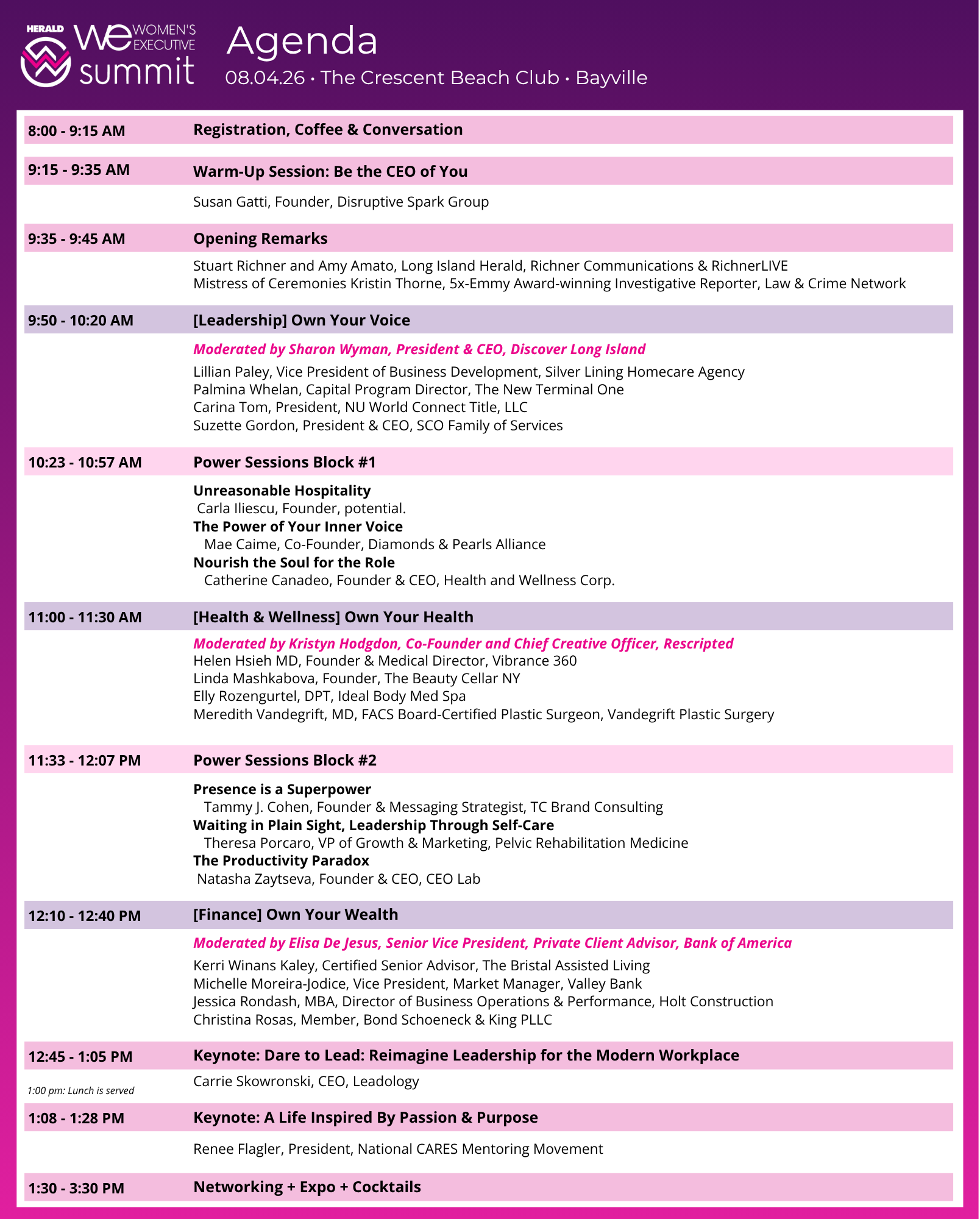 Event agenda for a women's leadership summit featuring times and session titles ( Registration, Warm-Up, Opening Remarks, Own Your Voice, Power Sessions, Keynote, Networking ).