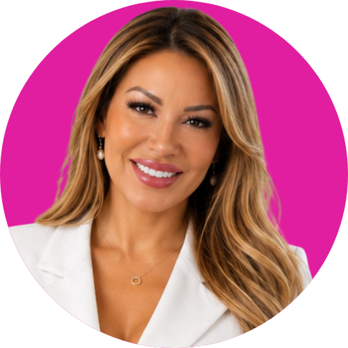 Professional headshot of a smiling woman with long, wavy hair wearing a white blazer against a magenta circular background.