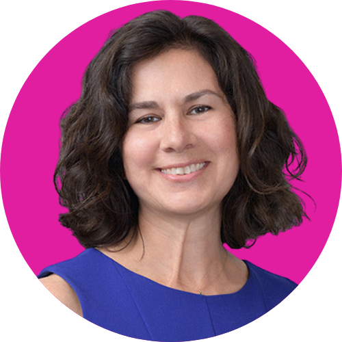 Smiling woman with dark hair in a royal blue top, against a magenta circular background.