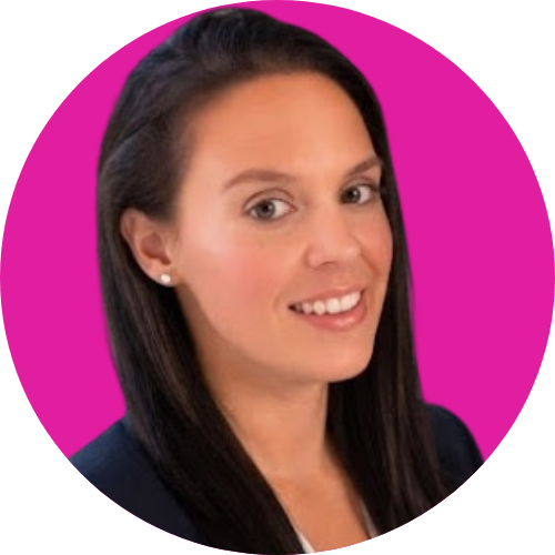 Professional head-and-shoulders portrait of a smiling woman with dark hair, wearing a dark blazer, against a bright pink circular background.