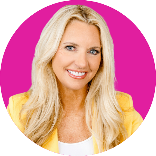 Smiling blonde woman in a yellow blazer against a pink circular background.