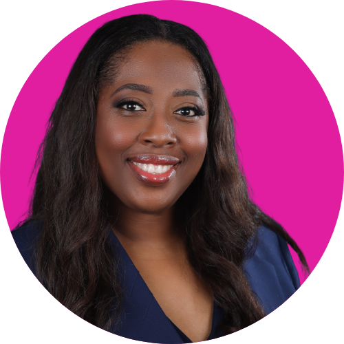 Smiling Black woman with long dark hair in a navy blazer against a magenta circular background.