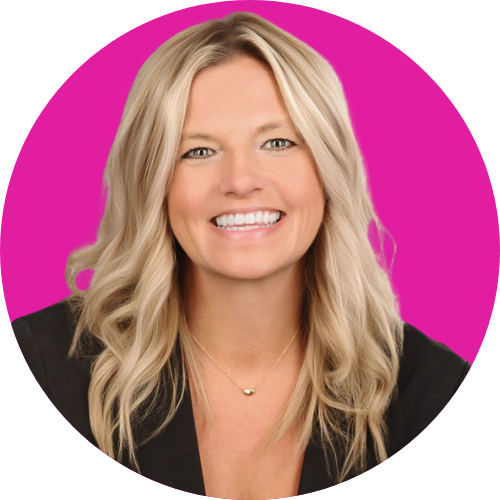 Head-and-shoulders portrait of a smiling blonde woman in a black blazer, against a bright magenta circular backdrop.