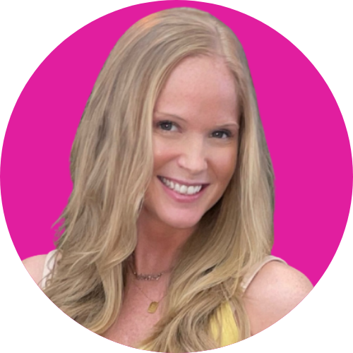 Smiling woman with long blonde hair wearing a yellow top, set against a bright pink circular background.