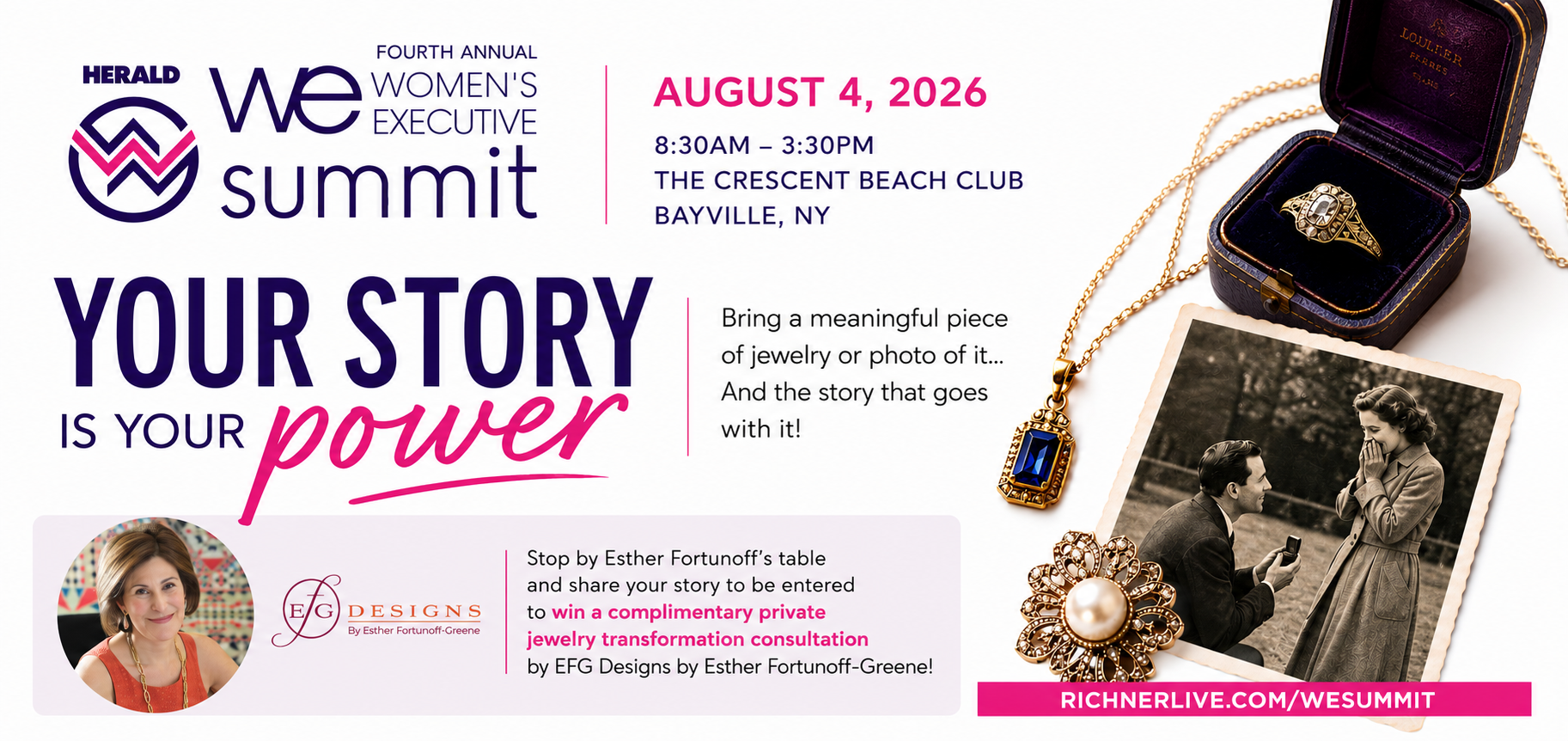 Promotional banner for the Fourth Annual Women's Executive Summit with the slogan 'Your Story is Your Power' and a jewelry-themed right side.
