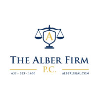 Logo for The Alber Firm, P.C. with scales of justice above a shield and gold A, navy accents, representing a law firm.