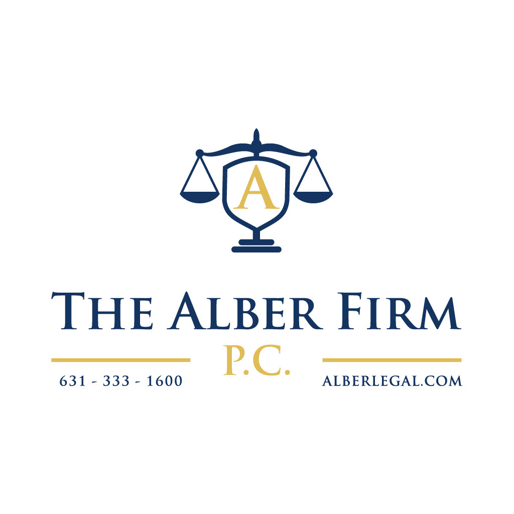 Logo for The Alber Firm, P.C. with scales of justice above a shield and gold A, navy accents, representing a law firm.