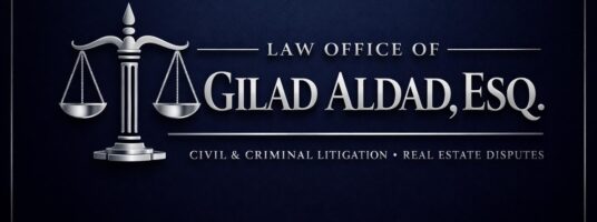 Logo banner for Law Office of Gilad Aldad, Esq., with scales of justice and the firm name on a dark blue background.