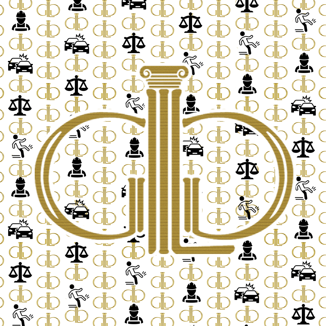 Abstract collage of law and justice icons—scales, pillars, police figures, cars, and running silhouettes in gold and black.