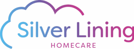 Silver Lining Homecare logo with a blue-to-pink gradient cloud outline and the words 'Silver Lining' above 'HOMECARE'.