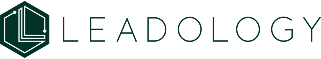 Leadology logo: dark green hexagon with circuit lines next to the brand name Leadology.