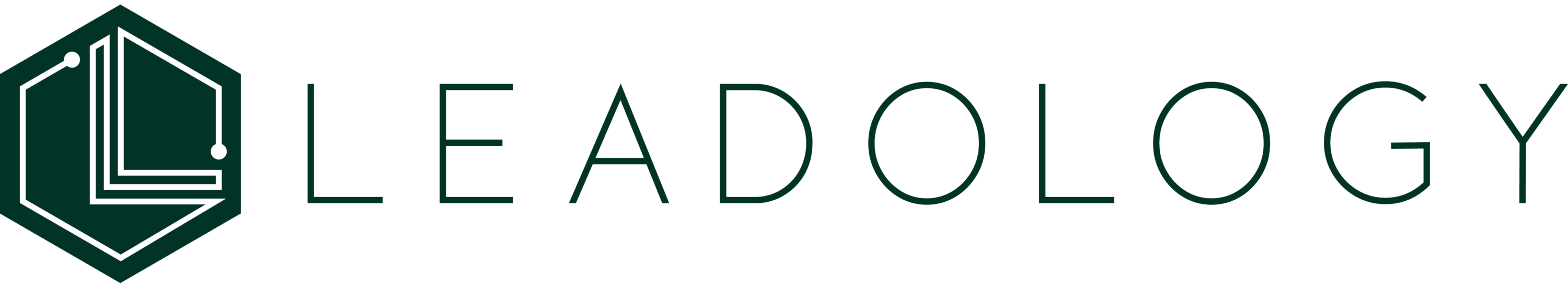 Leadology logo: dark green hexagon with circuit lines next to the brand name Leadology.