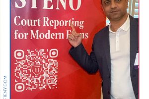 Man in a blazer points at a red banner reading 'STENO Court Reporting for Modern ...' beside a QR code.