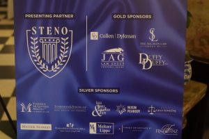 Blue sponsor board: 'Thank you!' message with 'To our event sponsors' and multiple sponsor logos, including Top Lawyers at top.